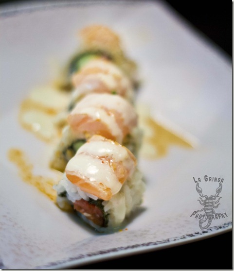 sushi with salmon and white sauce at kaya sushi, las vegas. photo by dani blanchette