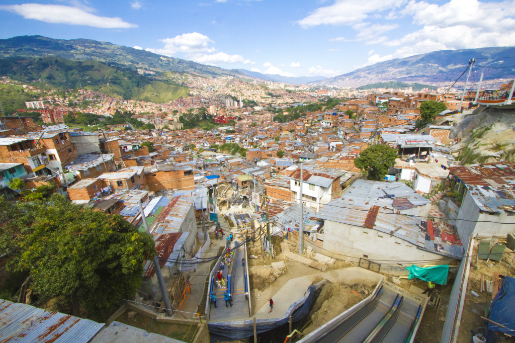 looking over the outdoor escalators and landscape of medellin, Colombia