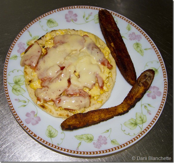 arepa breakfast sandwich and plantains, colombia food, american food, ethnic food