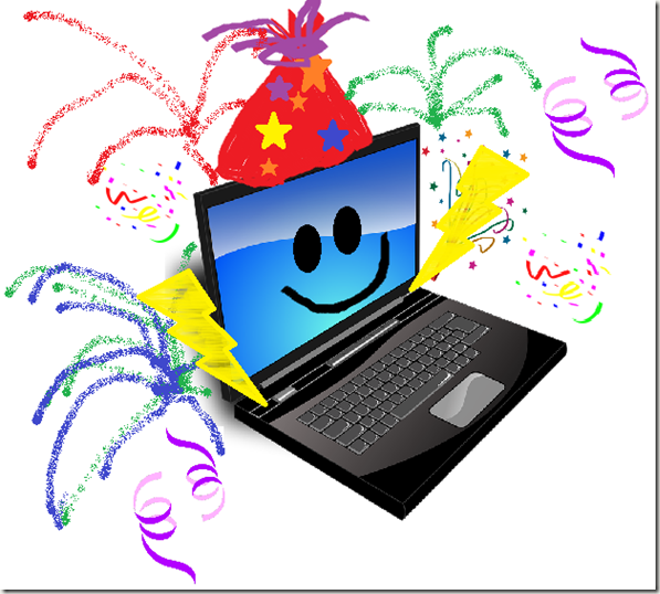 Happy laptop with party hat and confetti