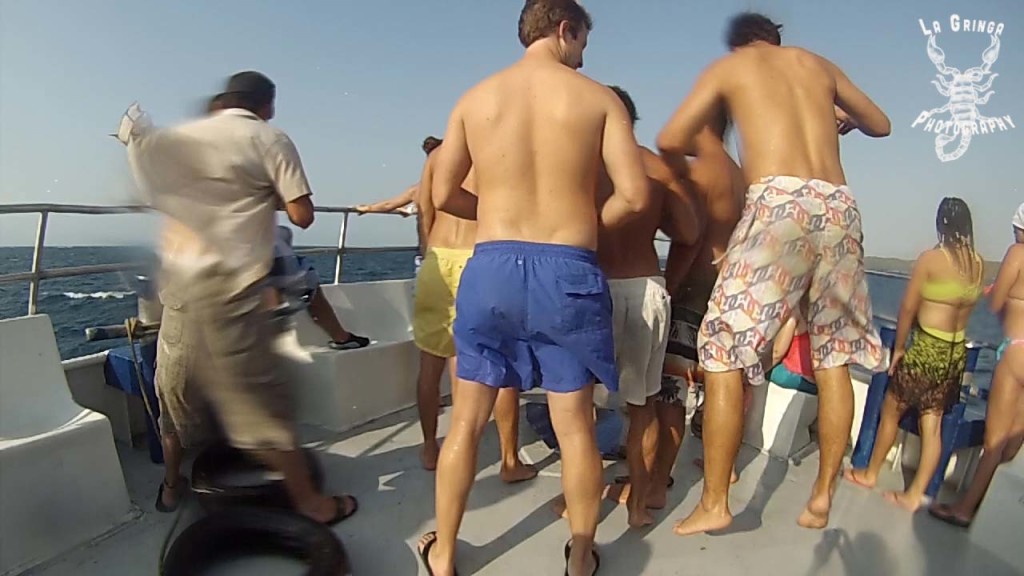 Guys trying to jump in unison on a boat, guys in bathing shorts, guys on boat