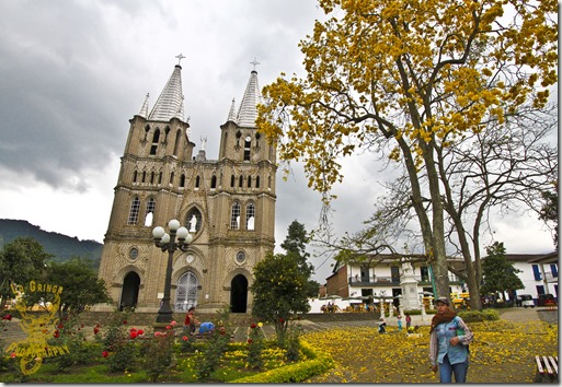 jardin, colombia, church, yellow, pueblo, pueblito, south america, tree, church square, religion, going nomadic, dani blanchette