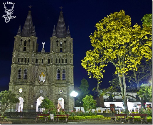 Jardin, colombia, south america, church, night scene, nightscape, cityscape, yellow tree with church at night, town square, 