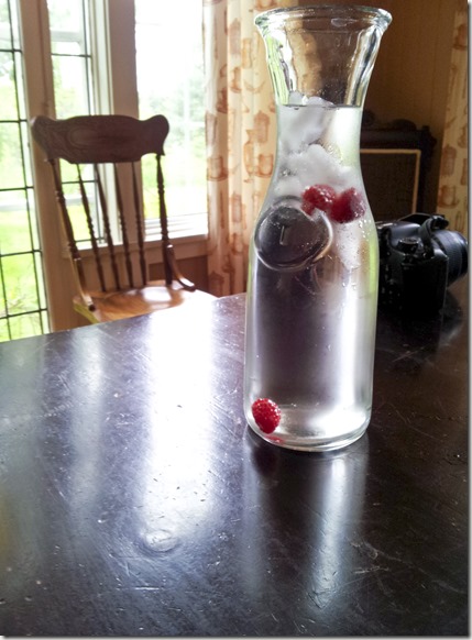 raspberry water on table in dining room, water with raspberrys in fancy vase